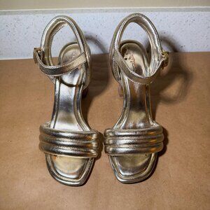 TORY BURCH Puffed Up 100MM Tibi Metal Metallic Sandals in Spark Gold Size 6.5 M